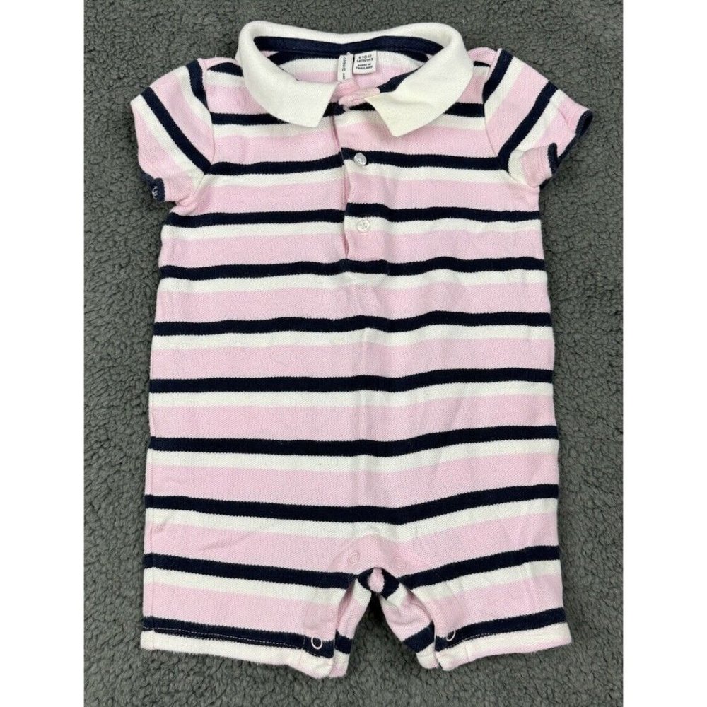 Janie Jack Baby Boy 6-12 Polo Romper Outfit Jon Pink Navy Blue Stripe 6 12